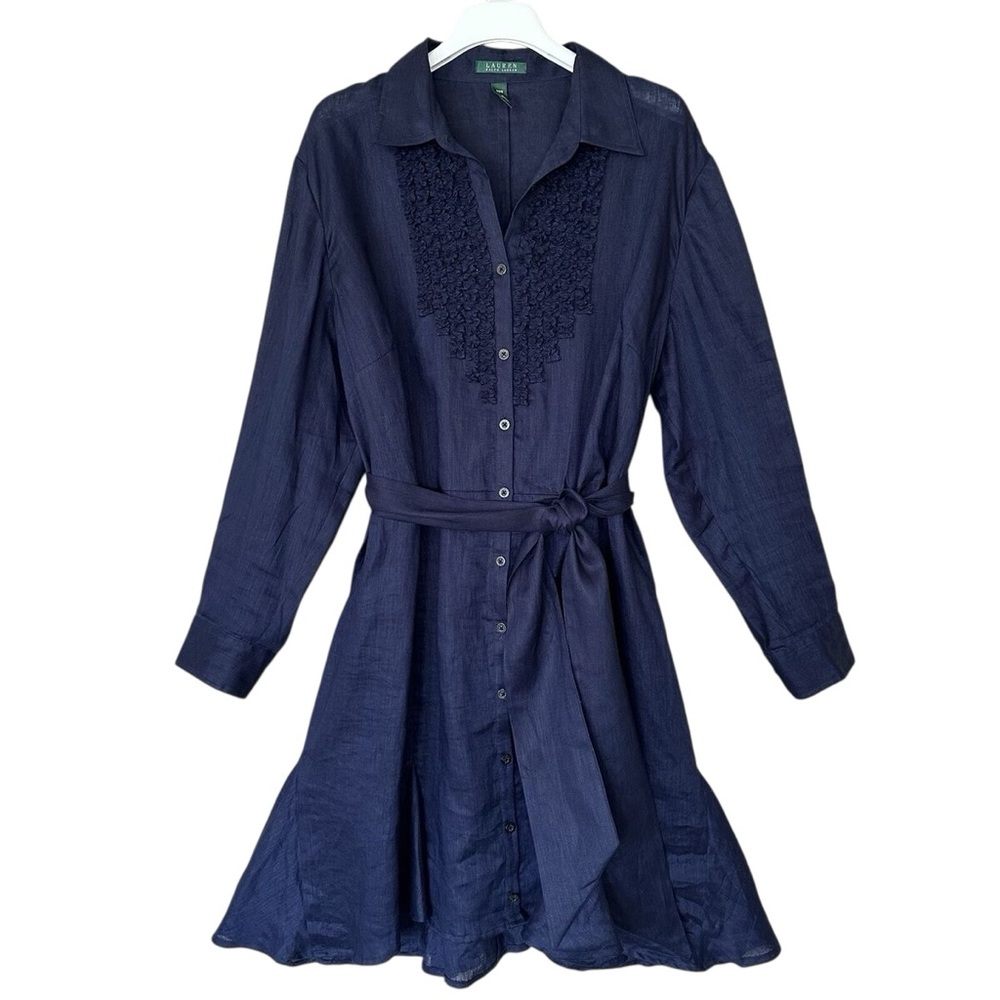 Lauren Ralph Lauren Navy Blue Button-Front Midi Dress with Tie Waist 8